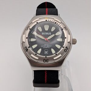 Benrus W1512 Quartz Diver Style Watch Black Dial NATO Strap 43mm Date Lume